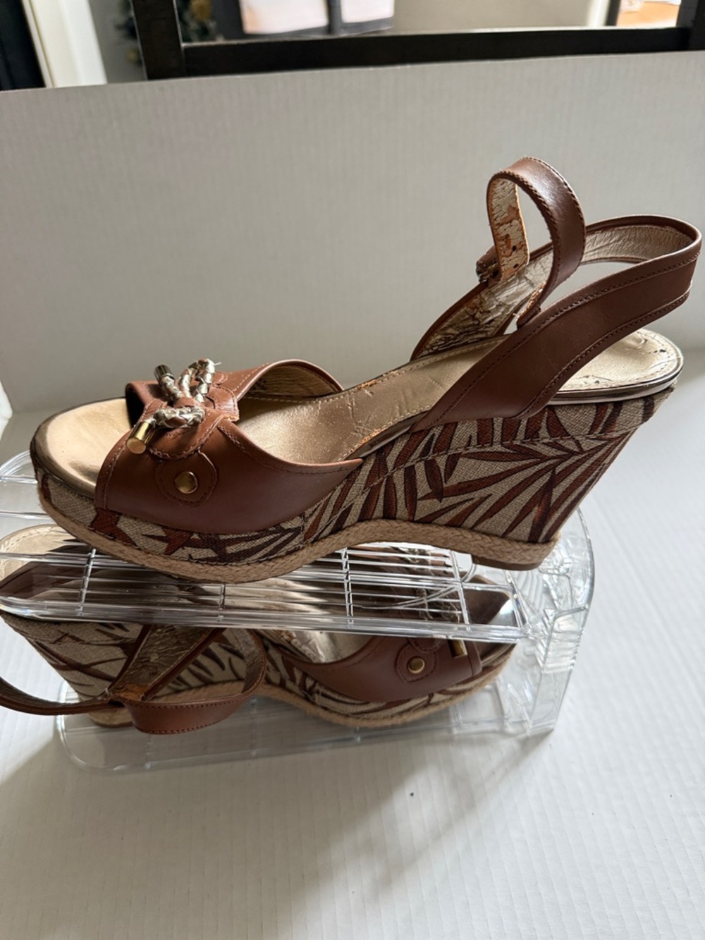 Joan & David Brown Patterned Wedge Sandals with Rope Accent